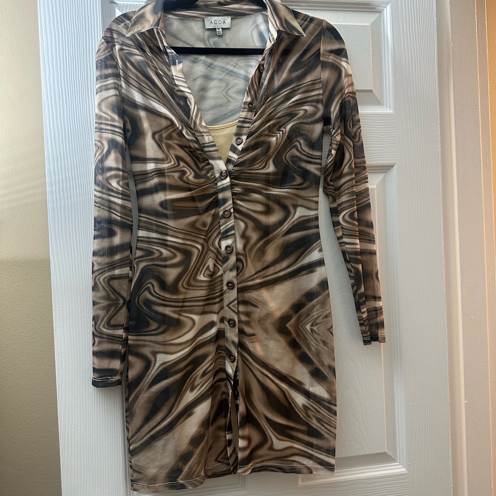 Brown Marble-Print Button-Front Women’s Dress